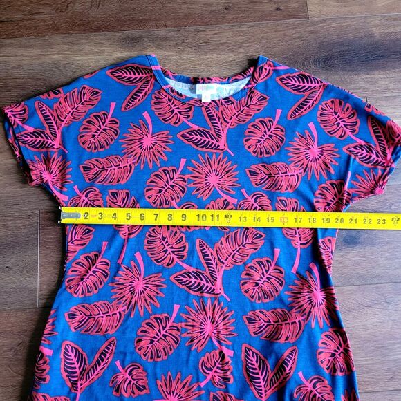 Lularoe Dress Size L Floral Palm Leaves Blue Red Marly Pockets - Picture 5 of 16